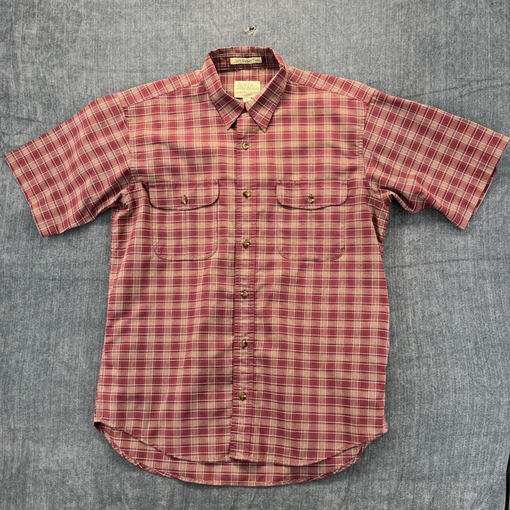 Cabelas Button Front Shirt Mens Medium Burgundy Cotton Plaid Short Sleeve Twill